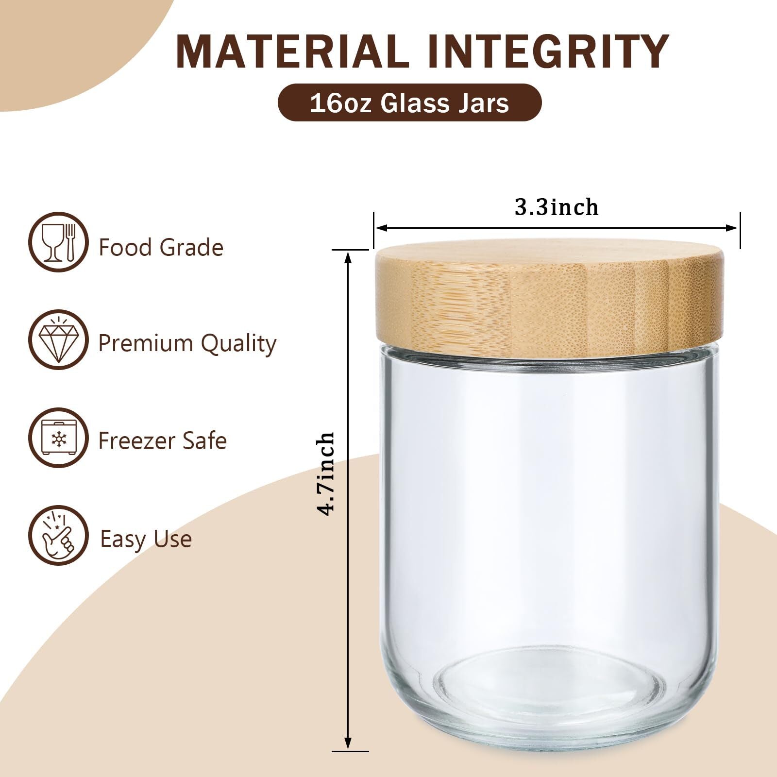 6 Pack 16Oz Glass Jars with Bamboo Lids over Night Oats Container Airtight Snack