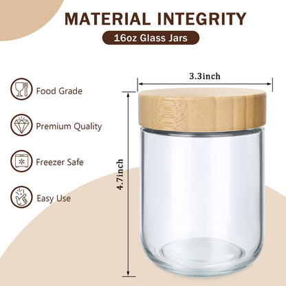 6 Pack 16Oz Glass Jars with Bamboo Lids over Night Oats Container Airtight Snack