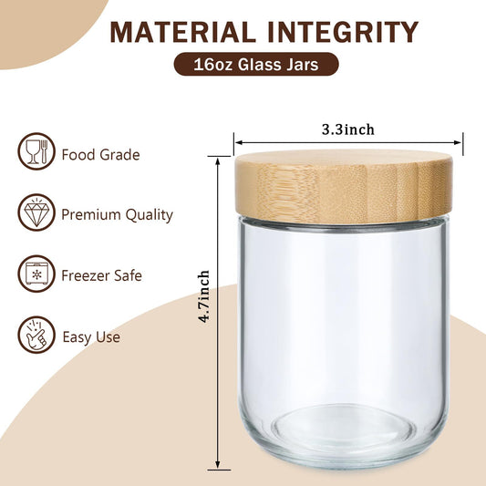 6 Pack 16Oz Glass Jars with Bamboo Lids over Night Oats Container Airtight Snack