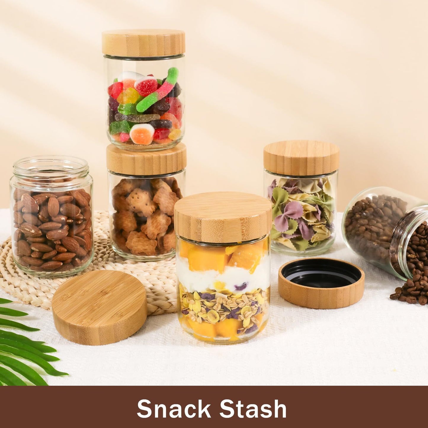 6 Pack 16Oz Glass Jars with Bamboo Lids over Night Oats Container Airtight Snack
