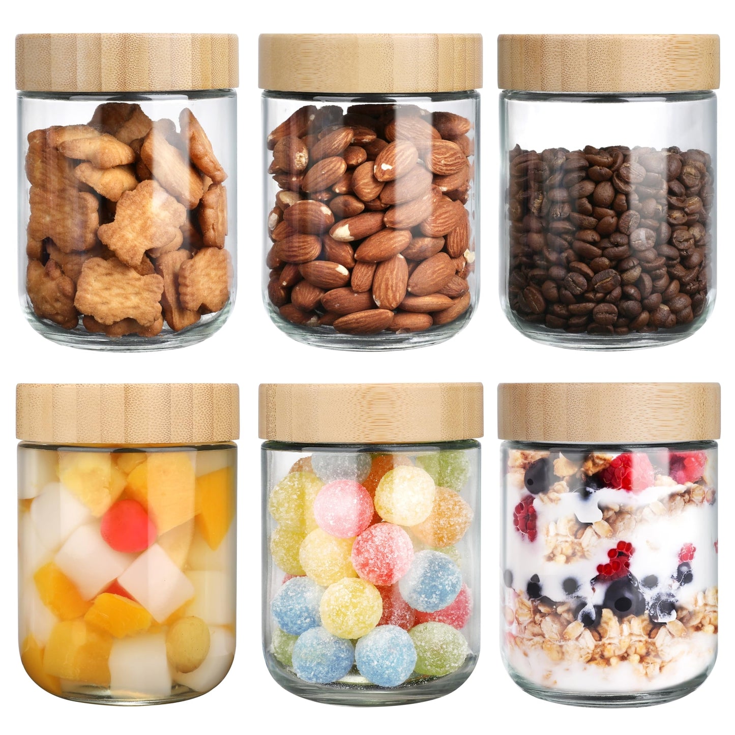 6 Pack 16Oz Glass Jars with Bamboo Lids over Night Oats Container Airtight Snack