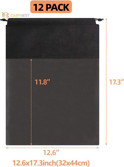12-Pack Clear Drawstring Shoe Bags for Travel – Large Portable Shoe Pouches for Men & Women (Black)