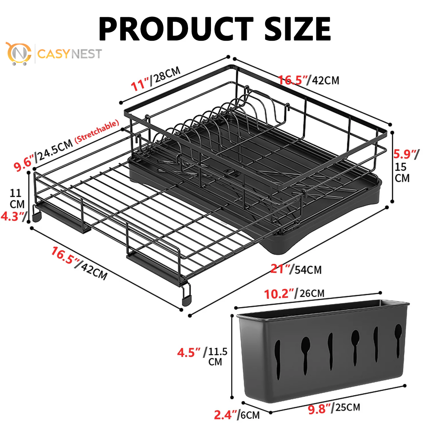 Retractable Stainless Steel Dish Drying Rack – Large Capacity with Utensil Holder, Space-Saving Kitchen Counter Organizer (Black)