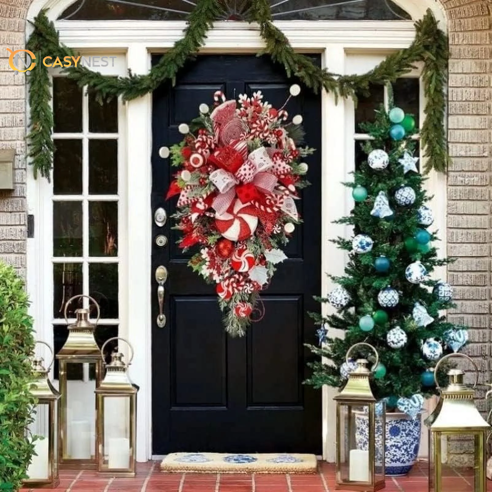 Christmas Candy Cane Wreath – Red & White Holiday Door Decor with Ornaments