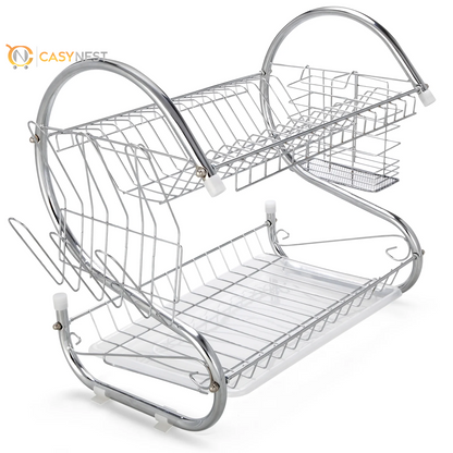 Kitchen Stainless Steel Dish Cup Drying Rack Holder 2-Tier Dish Rack Sink Drainer