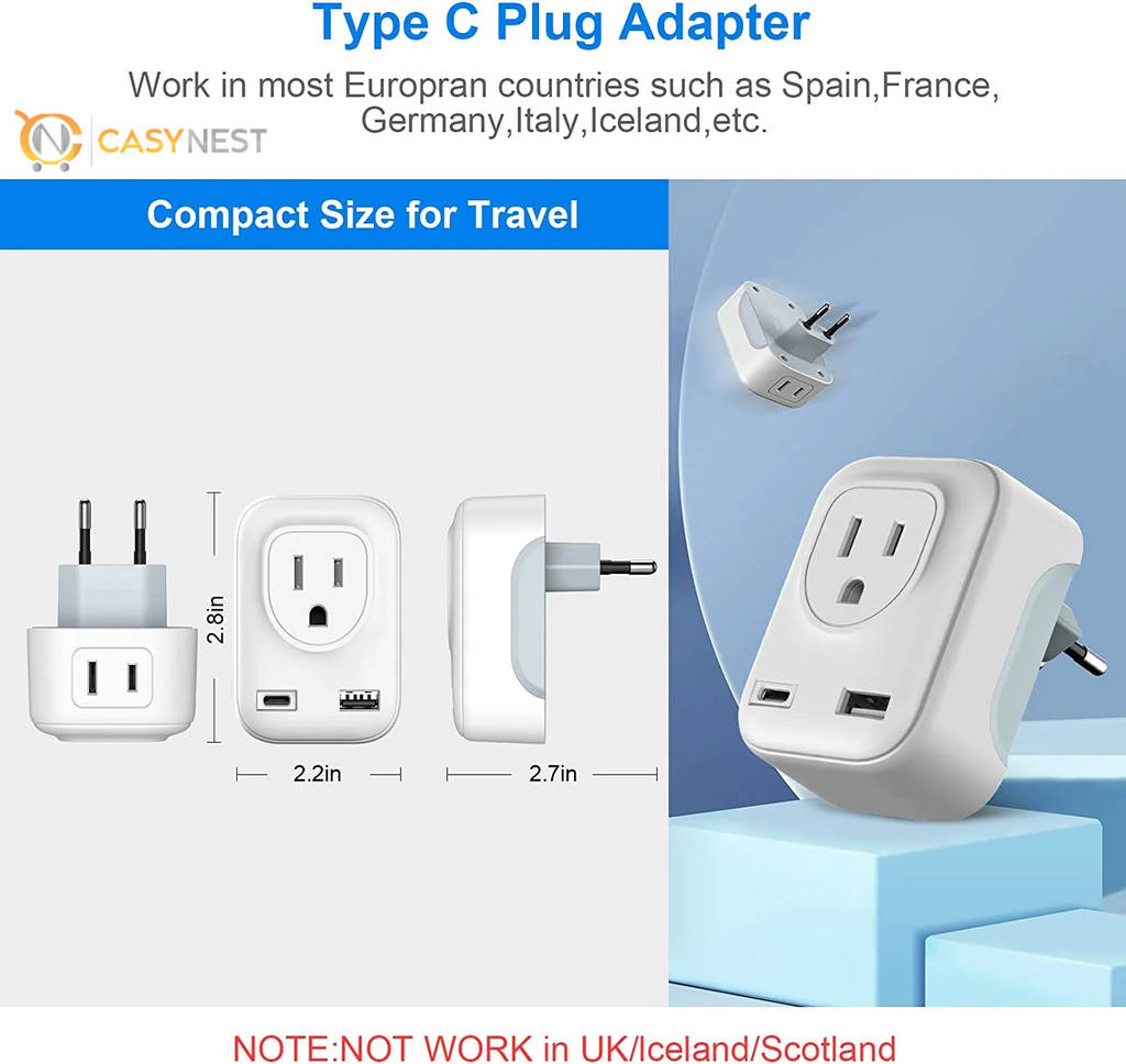 4-in-1 Universal Travel Plug Adapter – US to Europe Power Converter, Lightweight International Adapter for Travel