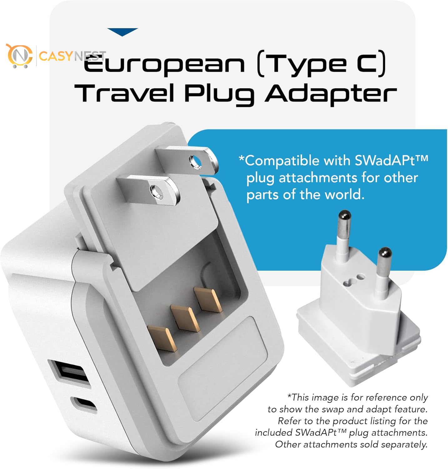 Travel Plug Adapter – 2 US Outlets with Dual USB & USB-C 3.1A, 20W PD & QC, Compact for Euro, Greece, Italy, Switzerland, Turkey, Portugal (Type C Included)