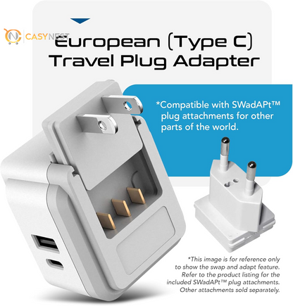 Travel Plug Adapter – 2 US Outlets with Dual USB & USB-C 3.1A, 20W PD & QC, Compact for Euro, Greece, Italy, Switzerland, Turkey, Portugal (Type C Included)