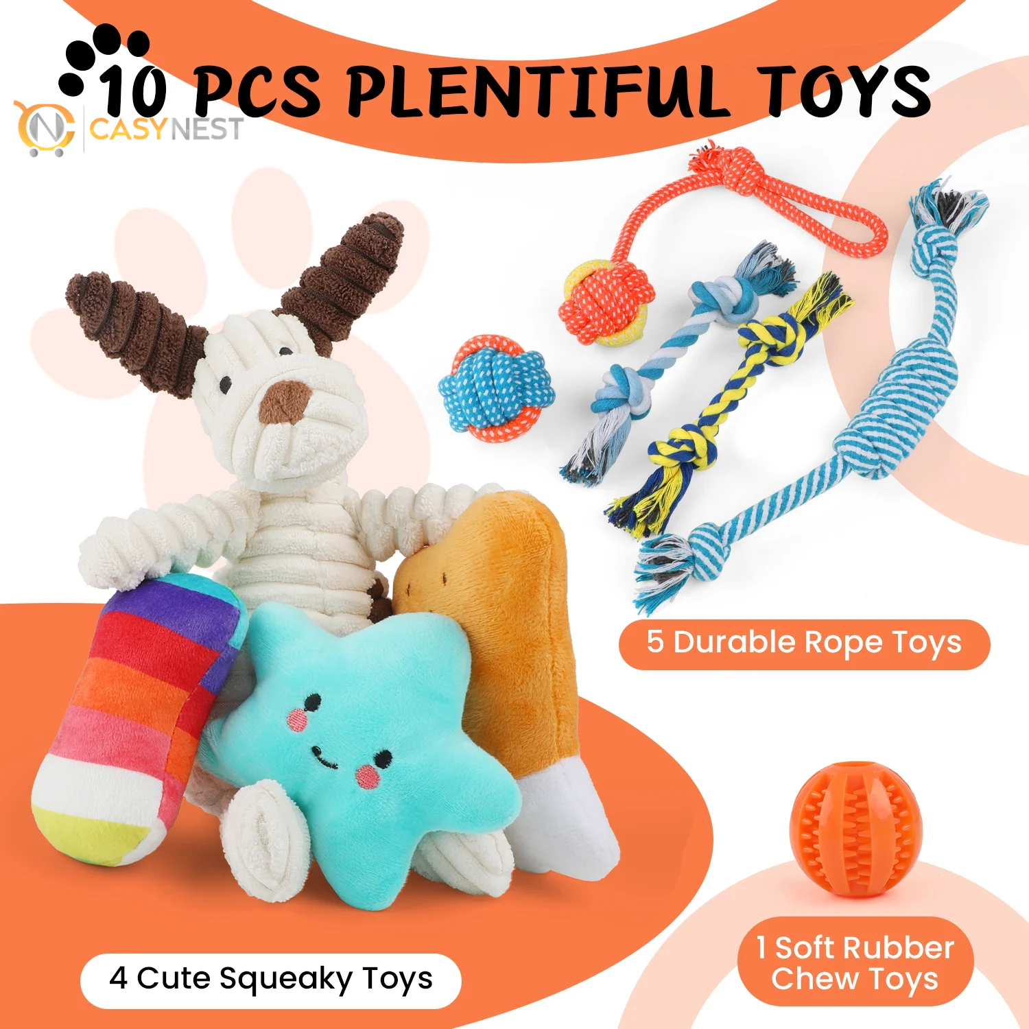 Dog Toys for Small Dogs ,10 Pack Puppy Chew Toys for Teething and Training with Plush Squeaky Toys, Treat Ball and Rope Toys to Keep Them Busy，White Dog