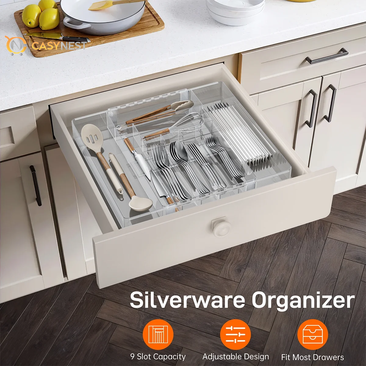 Silverware Drawer Organizer, Expandable Clear Acrylic Silverware Organizer, Kitchen Drawer Organizer for Utensils, Adjustable Cutlery Tray, Office, Supplies-9 Compartments, Large, Clear