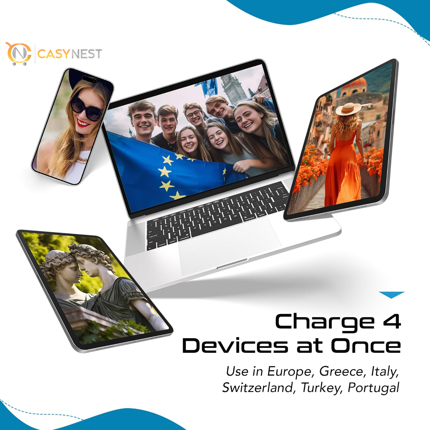 Travel Plug Adapter – 2 US Outlets with Dual USB & USB-C 3.1A, 20W PD & QC, Compact for Euro, Greece, Italy, Switzerland, Turkey, Portugal (Type C Included)