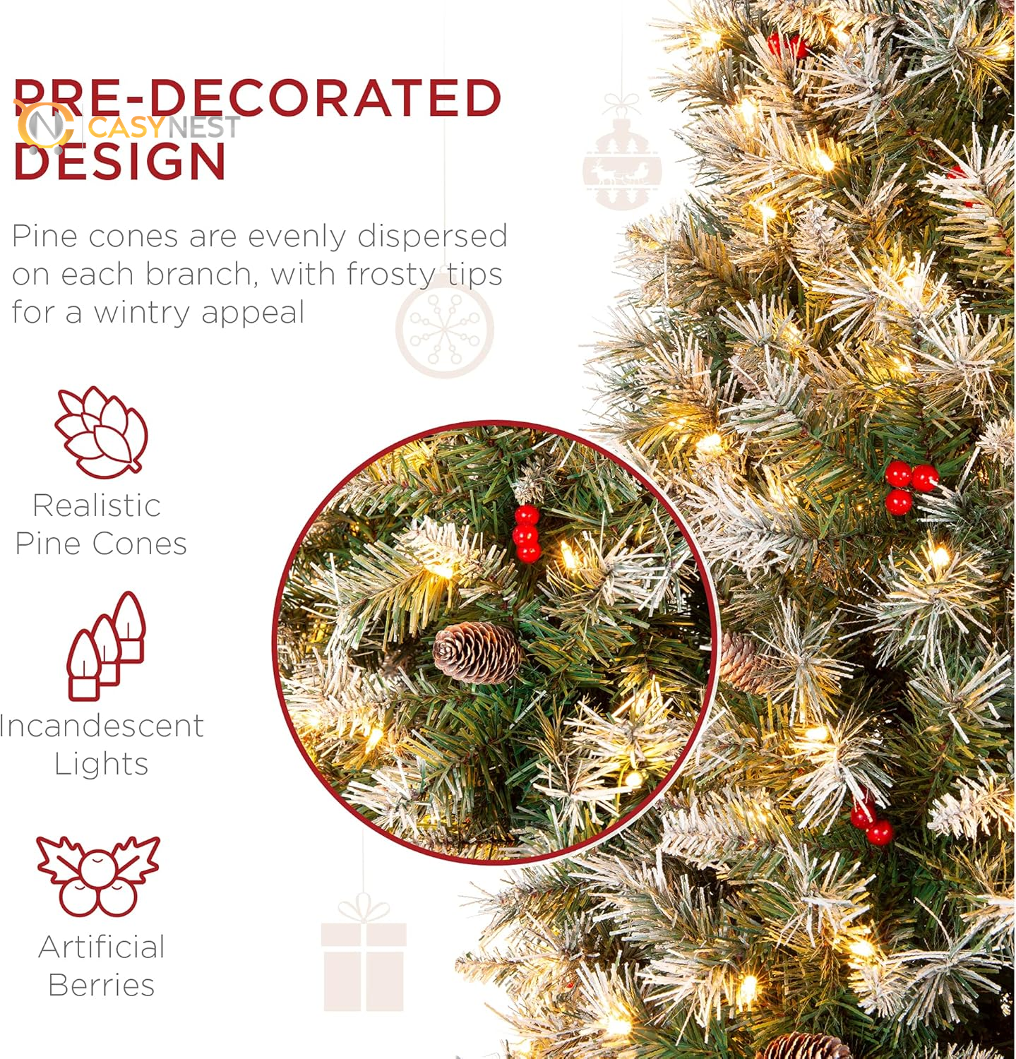 Casy Nest 6ft Pre-Lit Pencil Christmas Tree – Partially Flocked Slim Holiday Tree