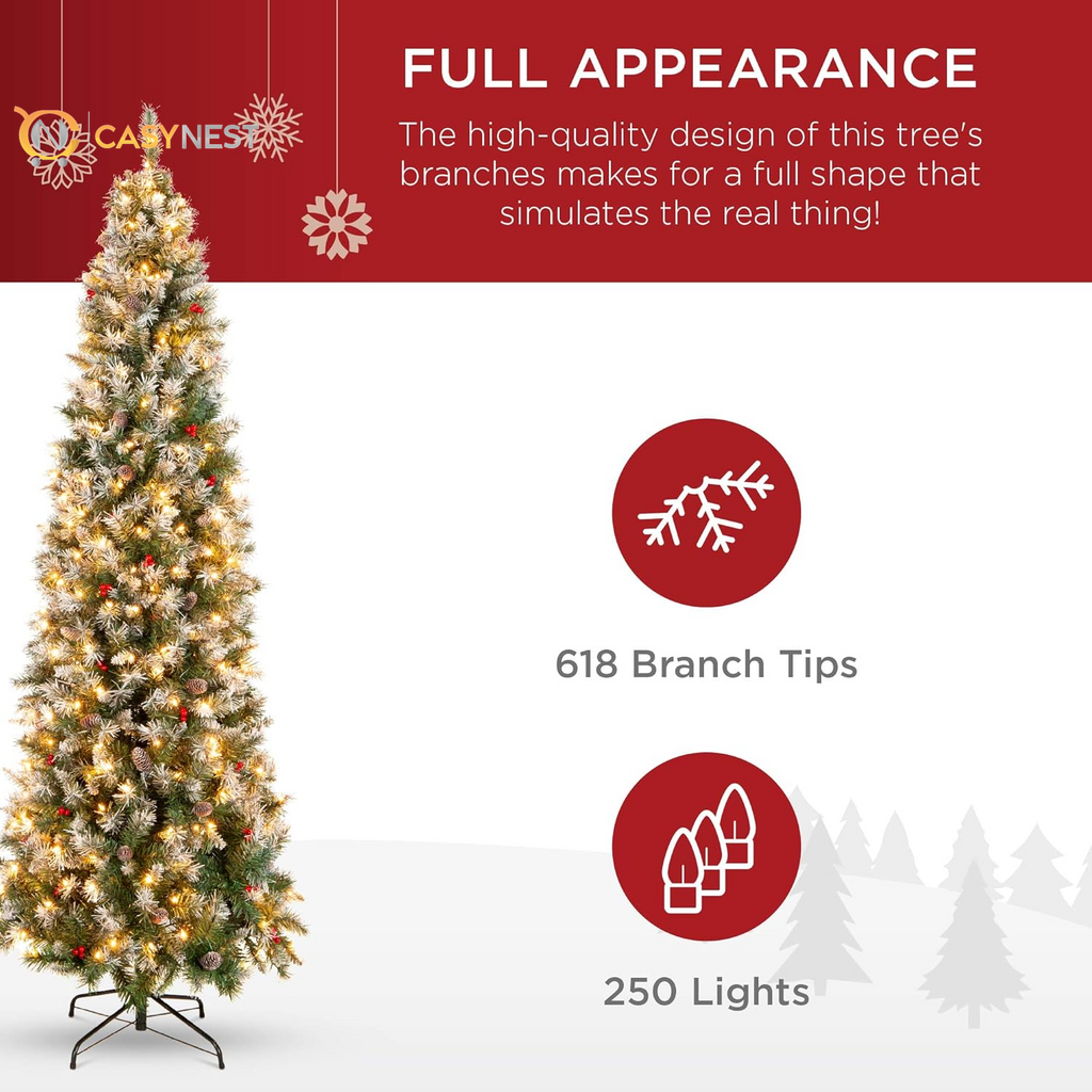 Casy Nest 6ft Pre-Lit Pencil Christmas Tree – Partially Flocked Slim Holiday Tree