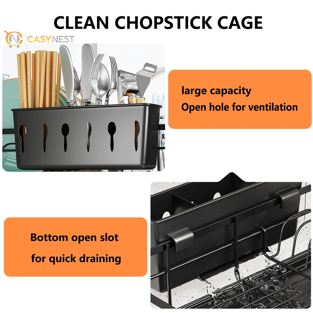 Retractable Stainless Steel Dish Drying Rack – Large Capacity with Utensil Holder, Space-Saving Kitchen Counter Organizer (Black)