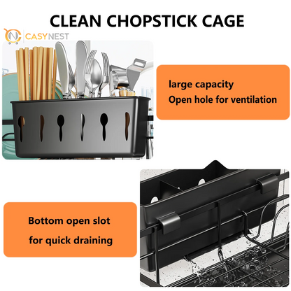 Retractable Stainless Steel Dish Drying Rack – Large Capacity with Utensil Holder, Space-Saving Kitchen Counter Organizer (Black)