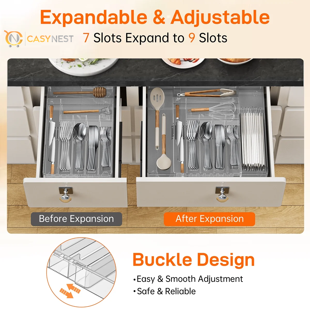 Silverware Drawer Organizer, Expandable Clear Acrylic Silverware Organizer, Kitchen Drawer Organizer for Utensils, Adjustable Cutlery Tray, Office, Supplies-9 Compartments, Large, Clear