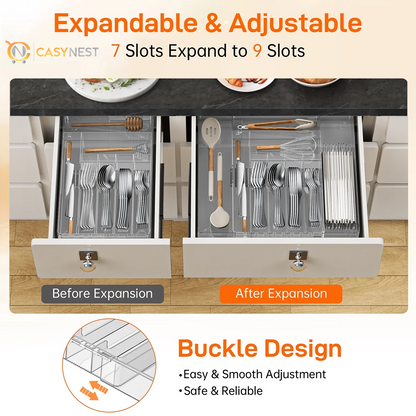 Silverware Drawer Organizer, Expandable Clear Acrylic Silverware Organizer, Kitchen Drawer Organizer for Utensils, Adjustable Cutlery Tray, Office, Supplies-9 Compartments, Large, Clear
