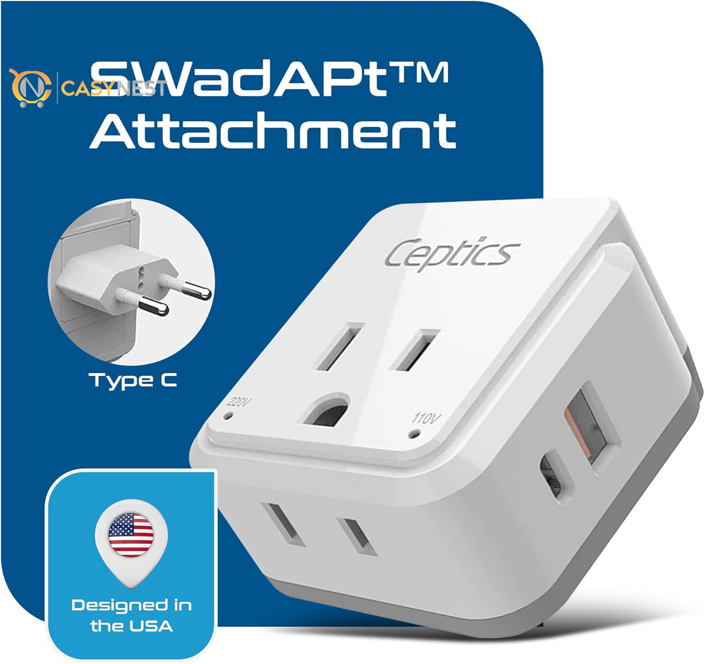 Travel Plug Adapter – 2 US Outlets with Dual USB & USB-C 3.1A, 20W PD & QC, Compact for Euro, Greece, Italy, Switzerland, Turkey, Portugal (Type C Included)