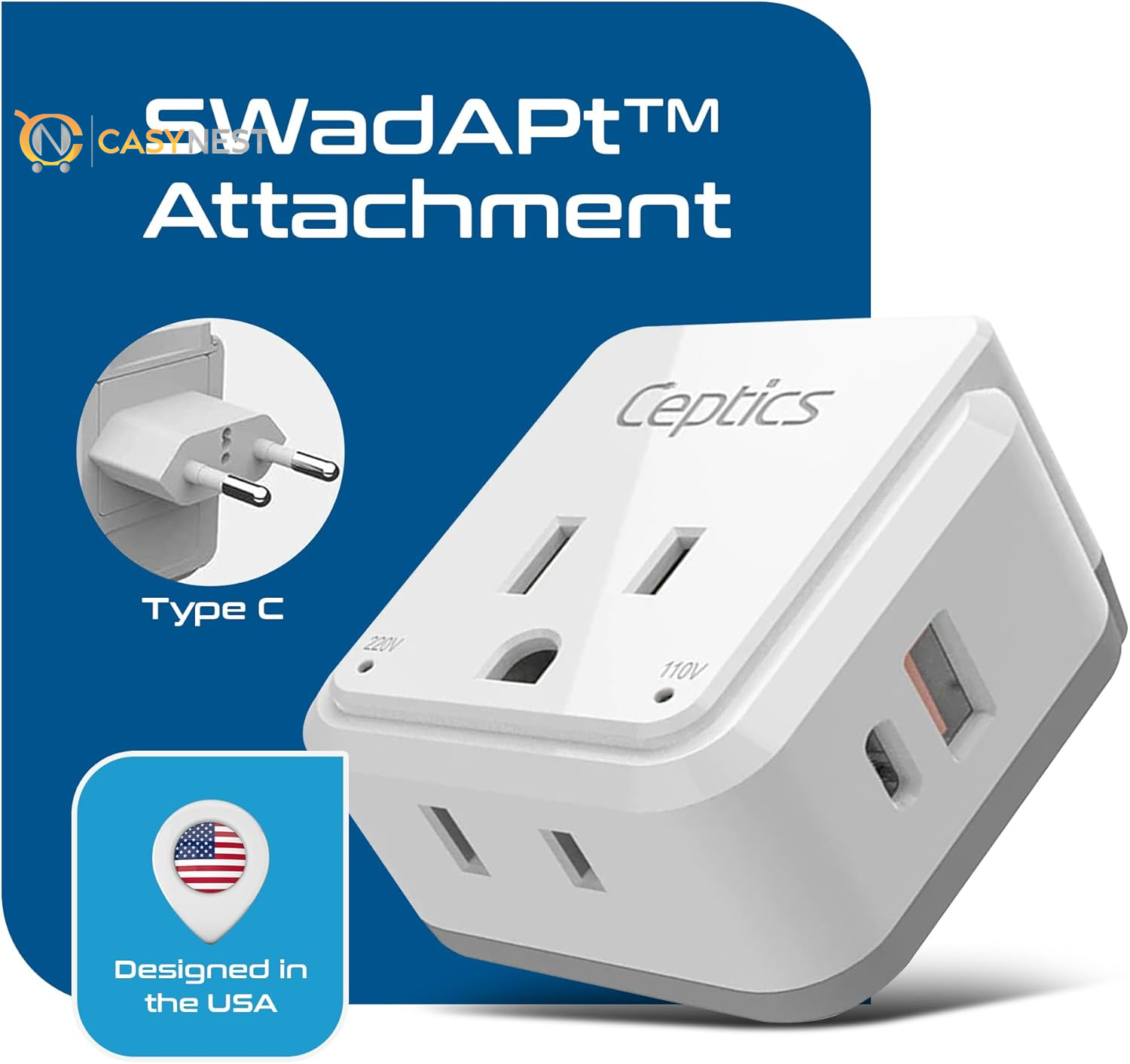 Travel Plug Adapter – 2 US Outlets with Dual USB & USB-C 3.1A, 20W PD & QC, Compact for Euro, Greece, Italy, Switzerland, Turkey, Portugal (Type C Included)