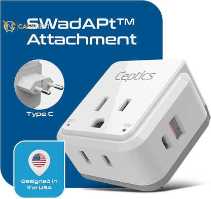 Travel Plug Adapter – 2 US Outlets with Dual USB & USB-C 3.1A, 20W PD & QC, Compact for Euro, Greece, Italy, Switzerland, Turkey, Portugal (Type C Included)