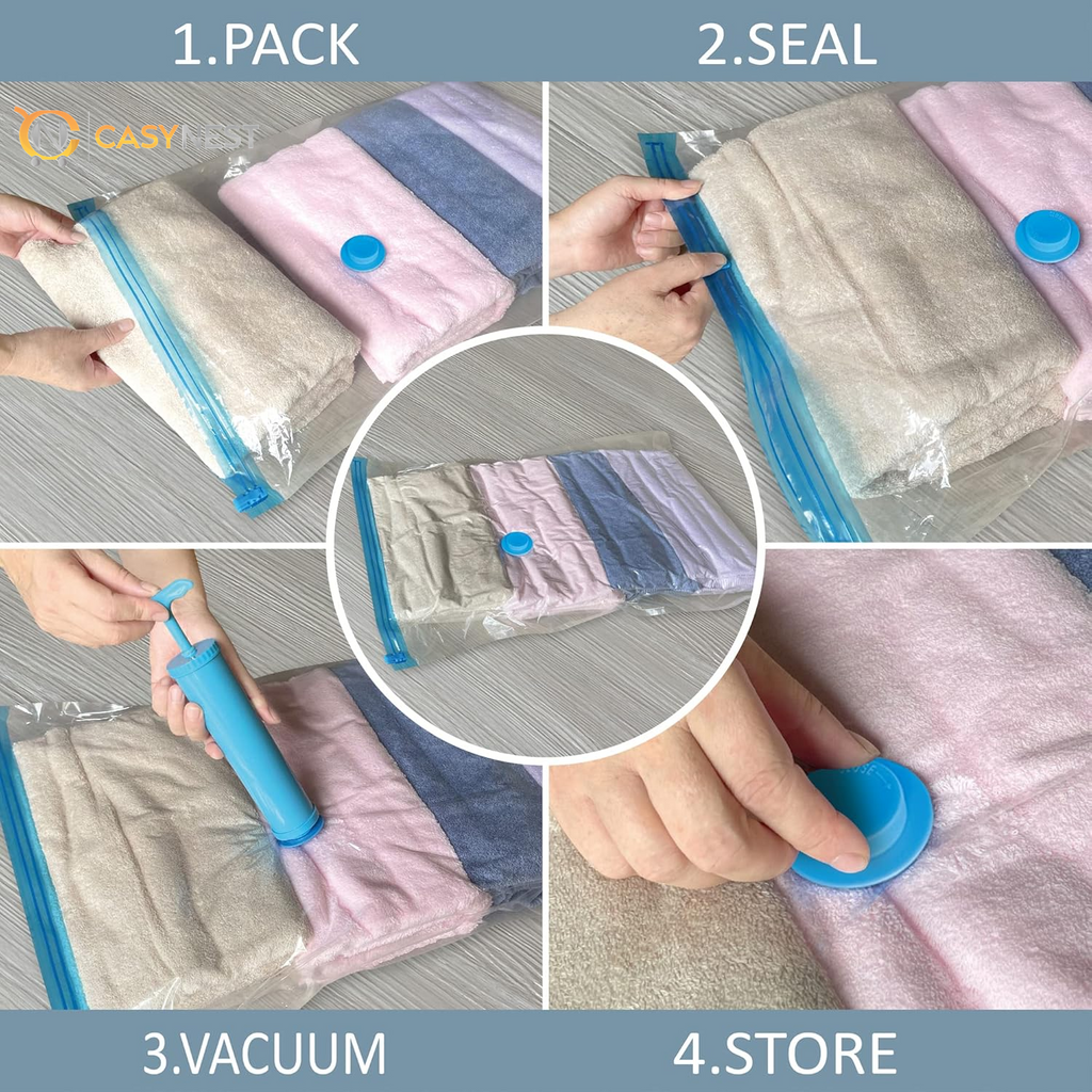 10 Large Vacuum Storage Bags with Hand Pump – Space Saver Bags for Clothes, Blankets, Comforters & Travel Luggage