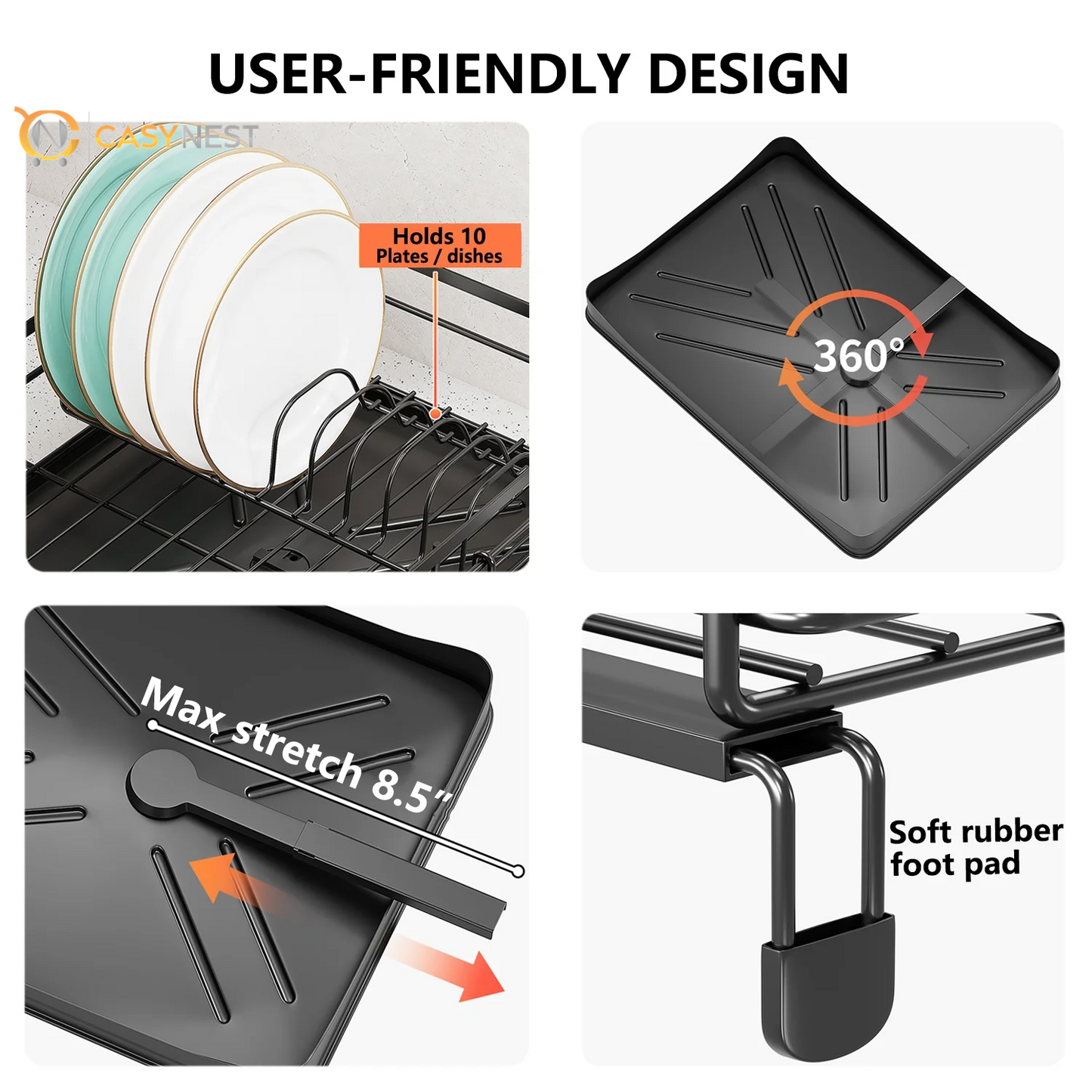 Retractable Stainless Steel Dish Drying Rack – Large Capacity with Utensil Holder, Space-Saving Kitchen Counter Organizer (Black)