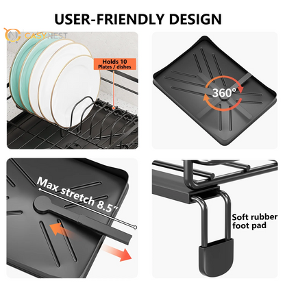 Retractable Stainless Steel Dish Drying Rack – Large Capacity with Utensil Holder, Space-Saving Kitchen Counter Organizer (Black)