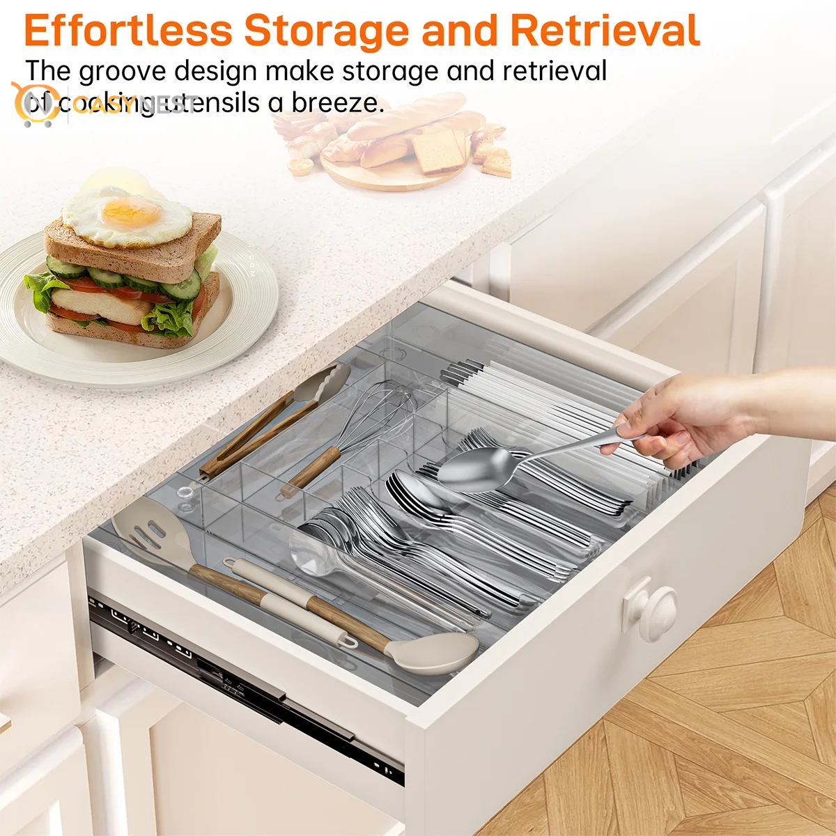 Silverware Drawer Organizer, Expandable Clear Acrylic Silverware Organizer, Kitchen Drawer Organizer for Utensils, Adjustable Cutlery Tray, Office, Supplies-9 Compartments, Large, Clear