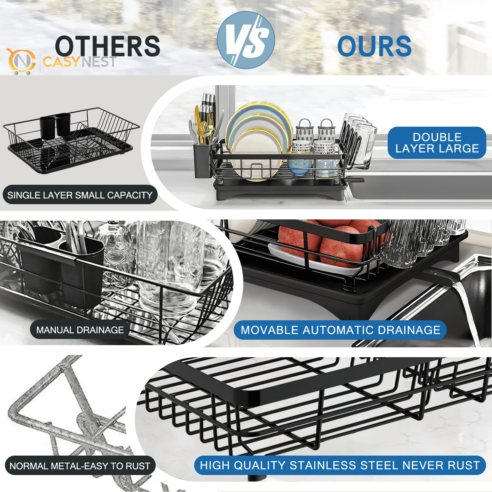 Dish Drying Rack- Space-Saving Dish Rack, Dish Racks for Kitchen Counter, Stainless Steel Kitchen Drying Rack with a Cutlery Holder