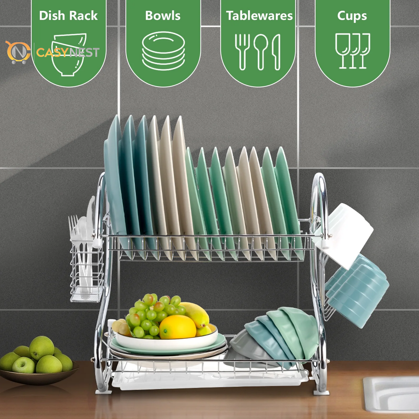 Kitchen Stainless Steel Dish Cup Drying Rack Holder 2-Tier Dish Rack Sink Drainer