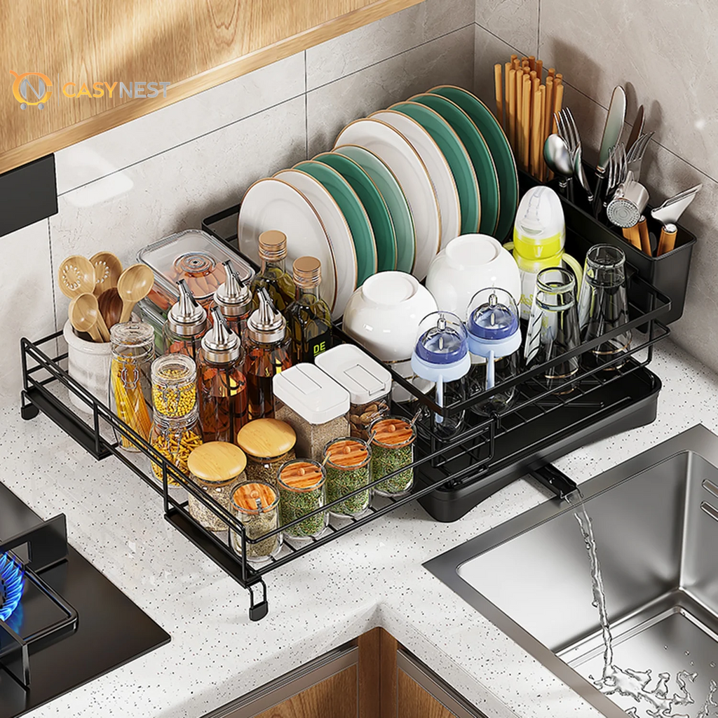 Retractable Stainless Steel Dish Drying Rack – Large Capacity with Utensil Holder, Space-Saving Kitchen Counter Organizer (Black)