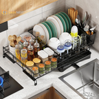 Retractable Stainless Steel Dish Drying Rack – Large Capacity with Utensil Holder, Space-Saving Kitchen Counter Organizer (Black)