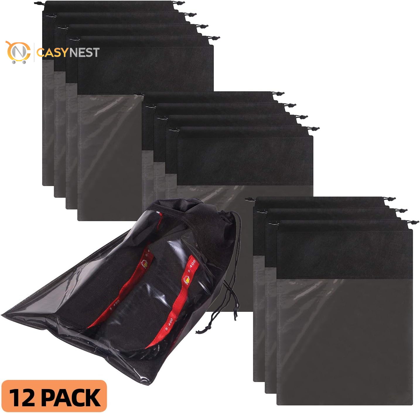 12-Pack Clear Drawstring Shoe Bags for Travel – Large Portable Shoe Pouches for Men & Women (Black)