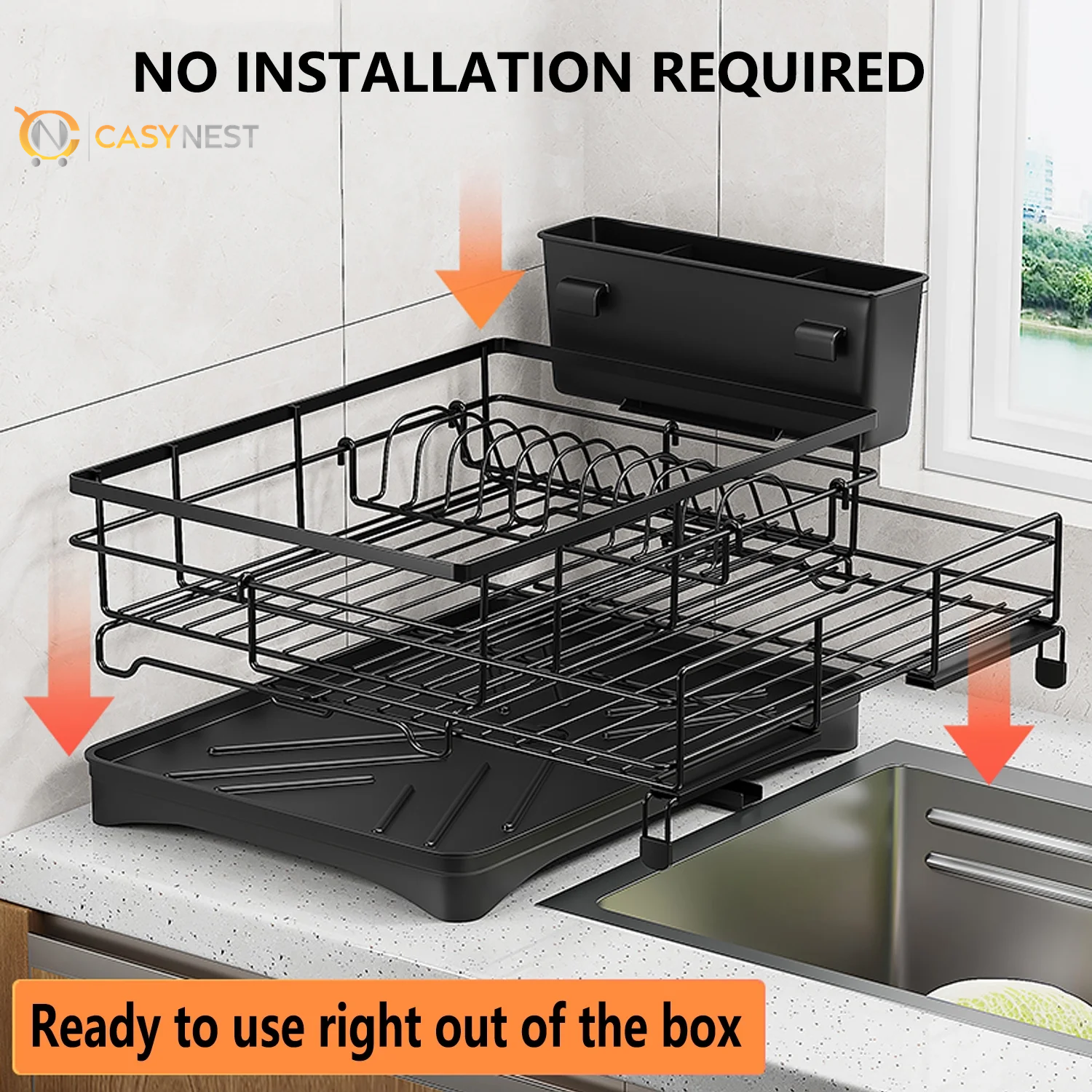 Retractable Stainless Steel Dish Drying Rack – Large Capacity with Utensil Holder, Space-Saving Kitchen Counter Organizer (Black)