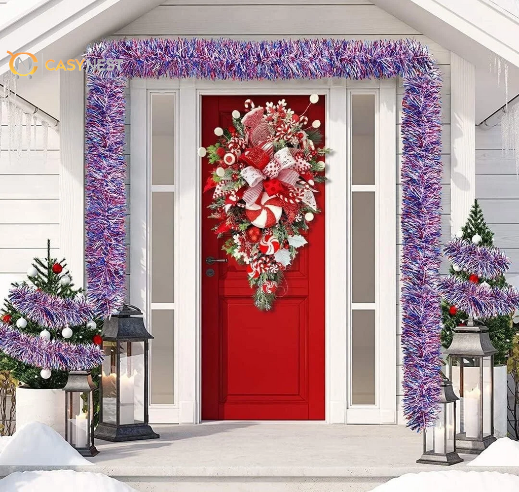 Christmas Candy Cane Wreath – Red & White Holiday Door Decor with Ornaments