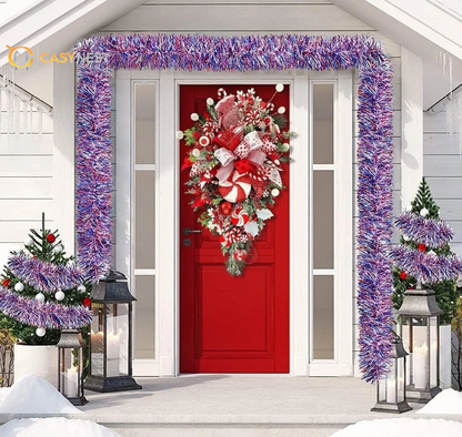 Christmas Candy Cane Wreath – Red & White Holiday Door Decor with Ornaments