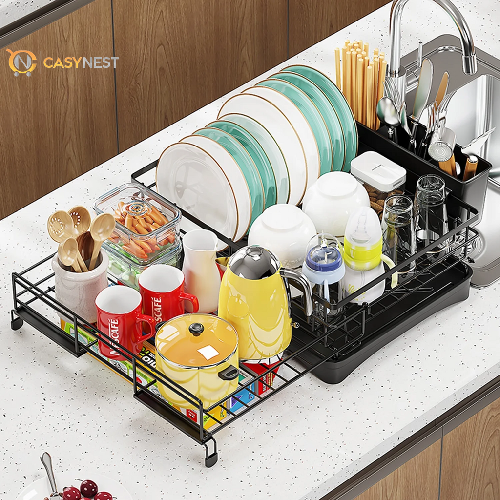 Retractable Stainless Steel Dish Drying Rack – Large Capacity with Utensil Holder, Space-Saving Kitchen Counter Organizer (Black)