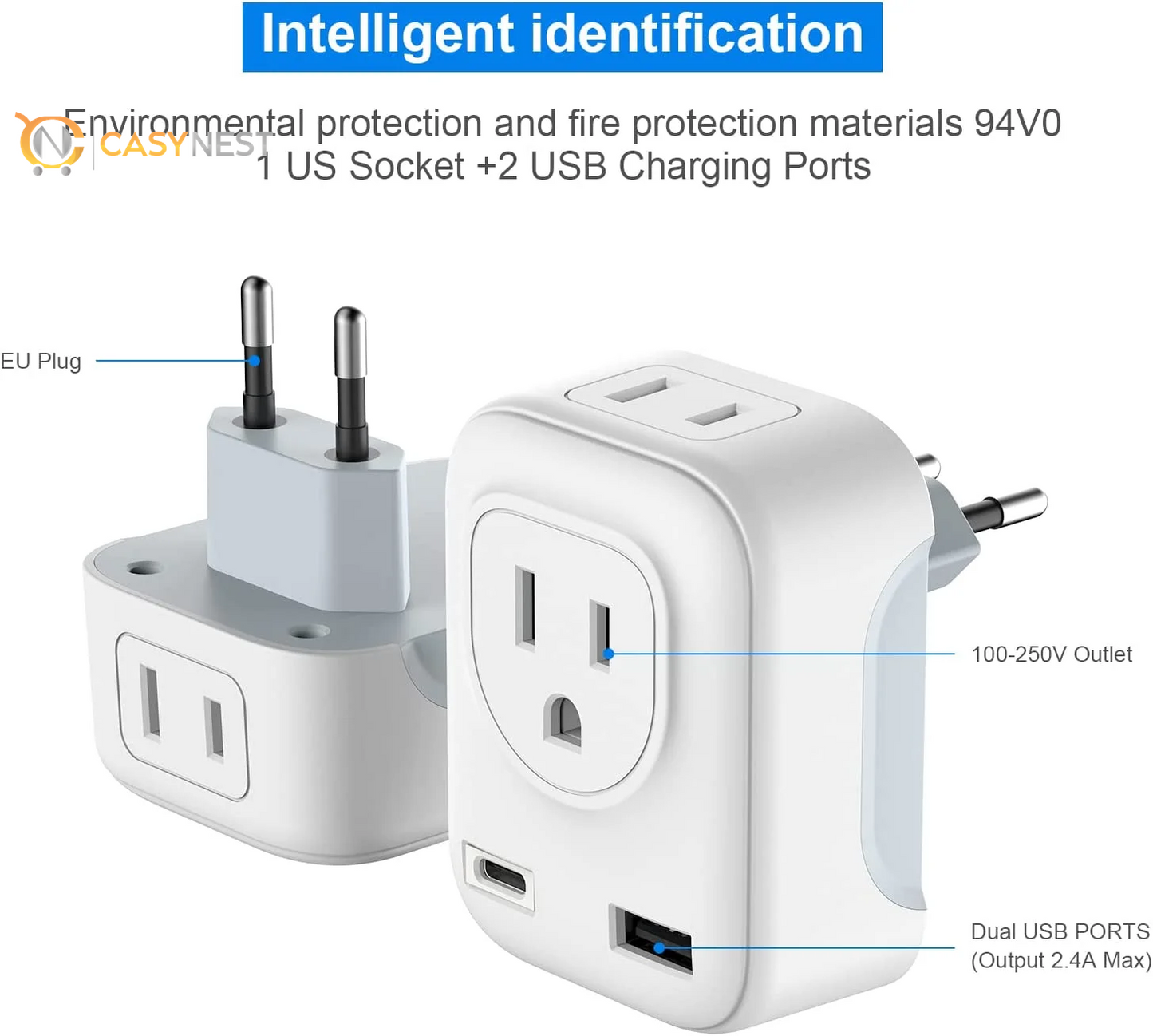 4-in-1 Universal Travel Plug Adapter – US to Europe Power Converter, Lightweight International Adapter for Travel