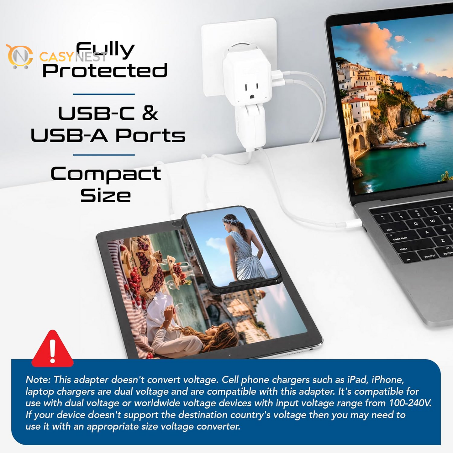 Travel Plug Adapter – 2 US Outlets with Dual USB & USB-C 3.1A, 20W PD & QC, Compact for Euro, Greece, Italy, Switzerland, Turkey, Portugal (Type C Included)