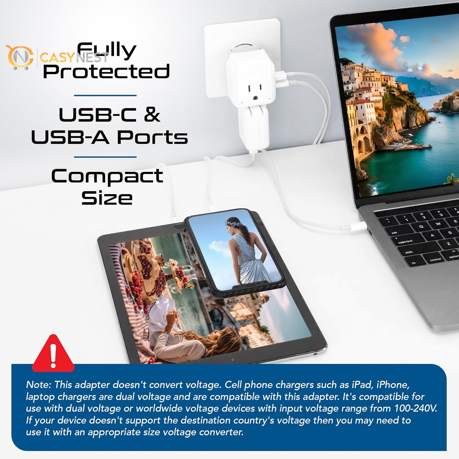 Travel Plug Adapter – 2 US Outlets with Dual USB & USB-C 3.1A, 20W PD & QC, Compact for Euro, Greece, Italy, Switzerland, Turkey, Portugal (Type C Included)