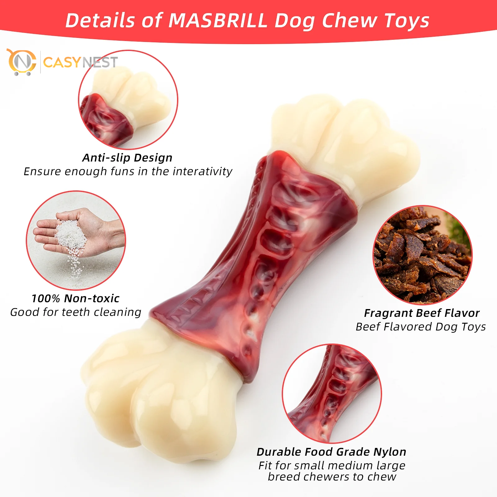 Tough Chew Dog Toys for Large & Medium Dogs – Aggressive Chewer Bones with Toothbrush Design