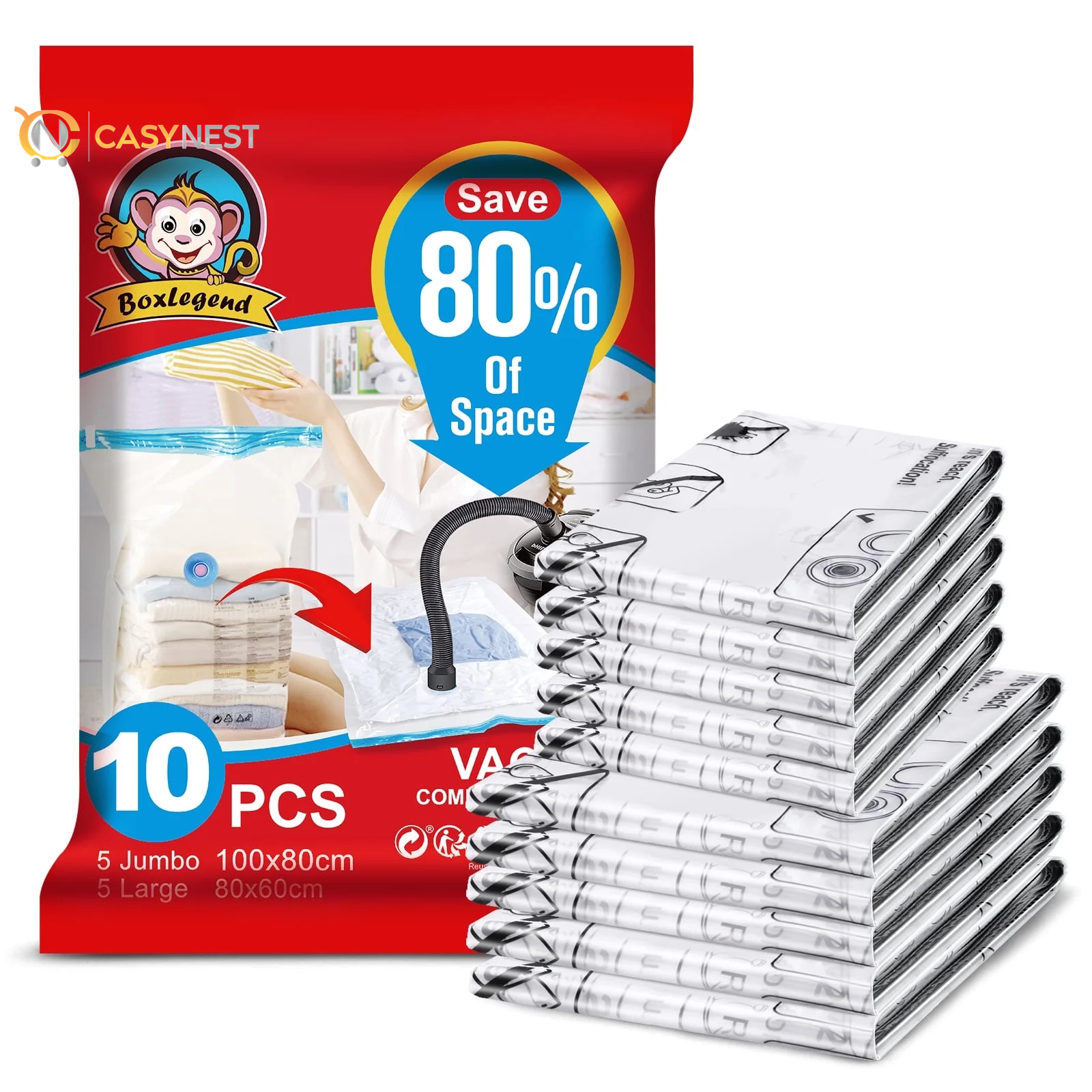 10 Pack Vacuum Storage Bags for Clothes 5 Jumbo&5 Large Space Saver Compression Bags with a Hand Pump