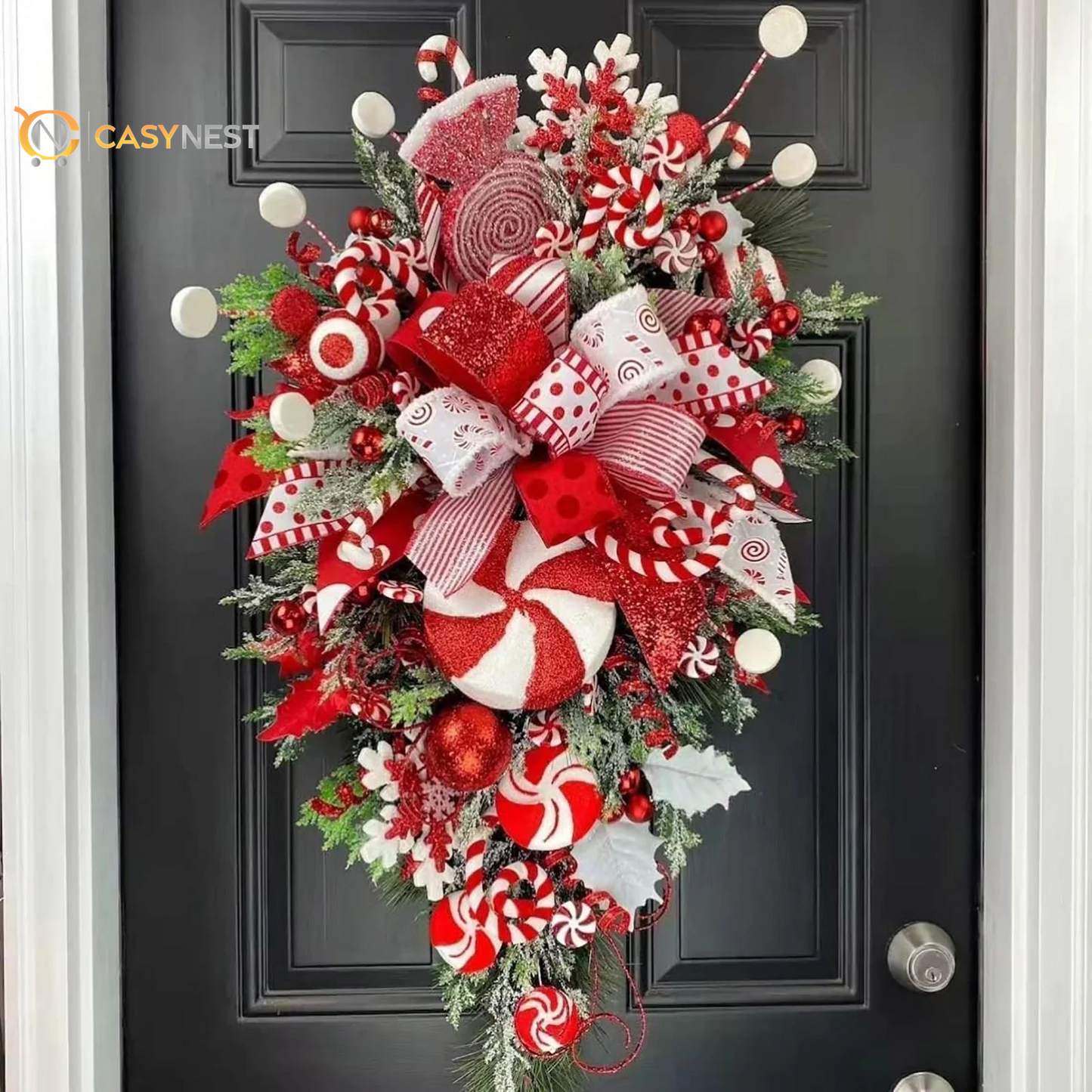 Christmas Candy Cane Wreath – Red & White Holiday Door Decor with Ornaments