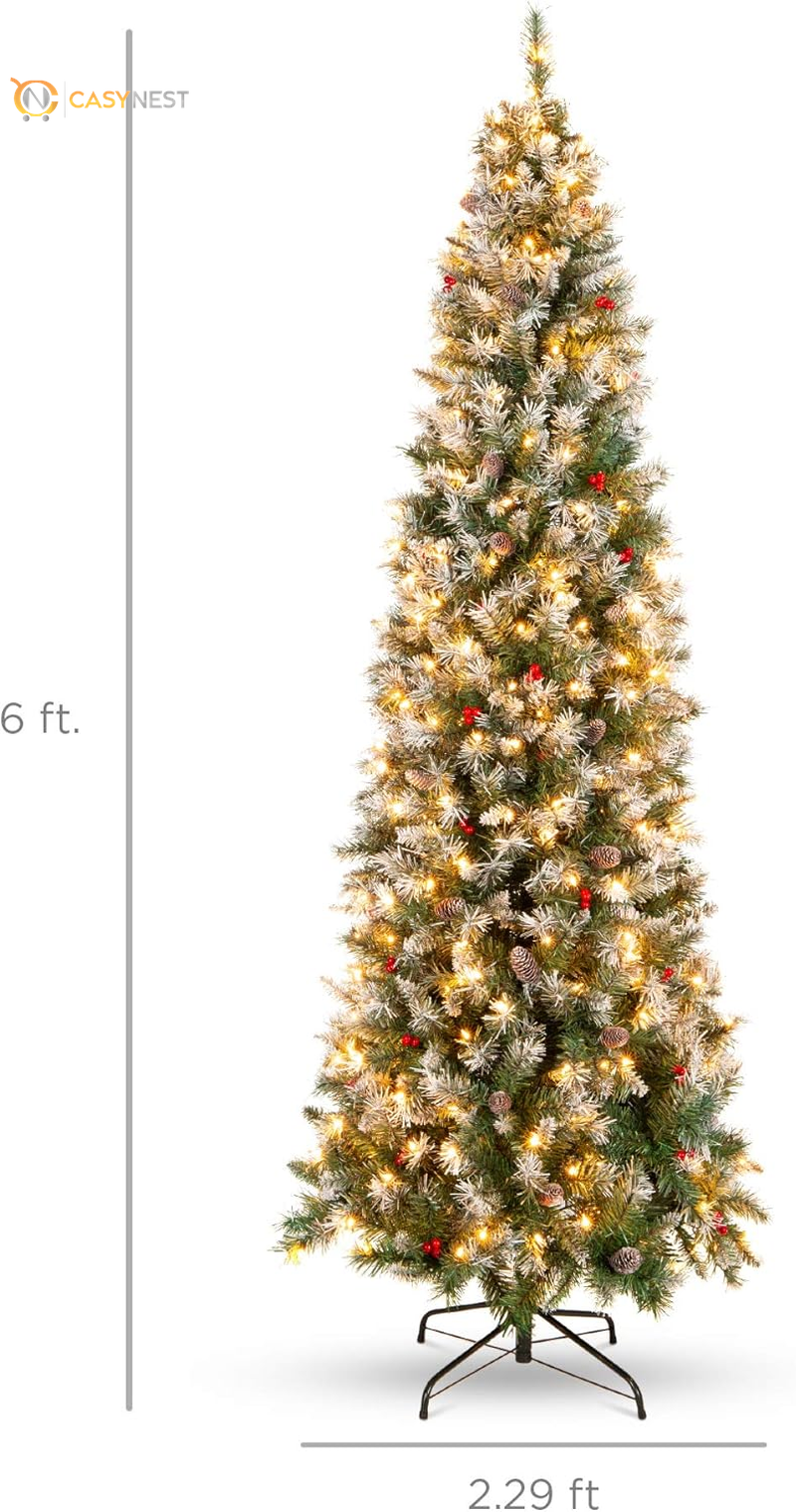 Casy Nest 6ft Pre-Lit Pencil Christmas Tree – Partially Flocked Slim Holiday Tree