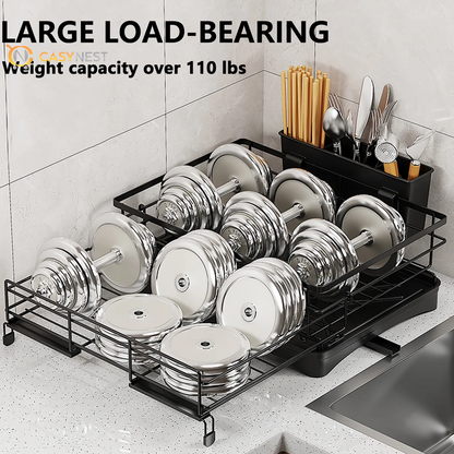 Retractable Stainless Steel Dish Drying Rack – Large Capacity with Utensil Holder, Space-Saving Kitchen Counter Organizer (Black)