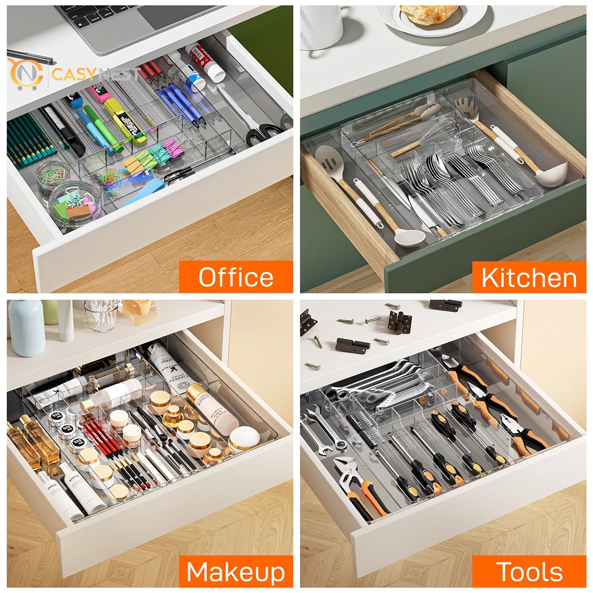 Silverware Drawer Organizer, Expandable Clear Acrylic Silverware Organizer, Kitchen Drawer Organizer for Utensils, Adjustable Cutlery Tray, Office, Supplies-9 Compartments, Large, Clear