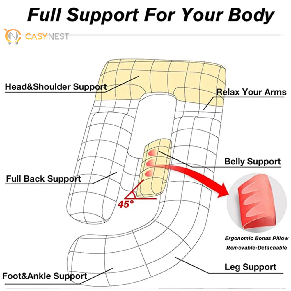 60In Extra Large U-Shaped Pregnancy Pillow with Removable Cover (Gray) 7D PP Cotton