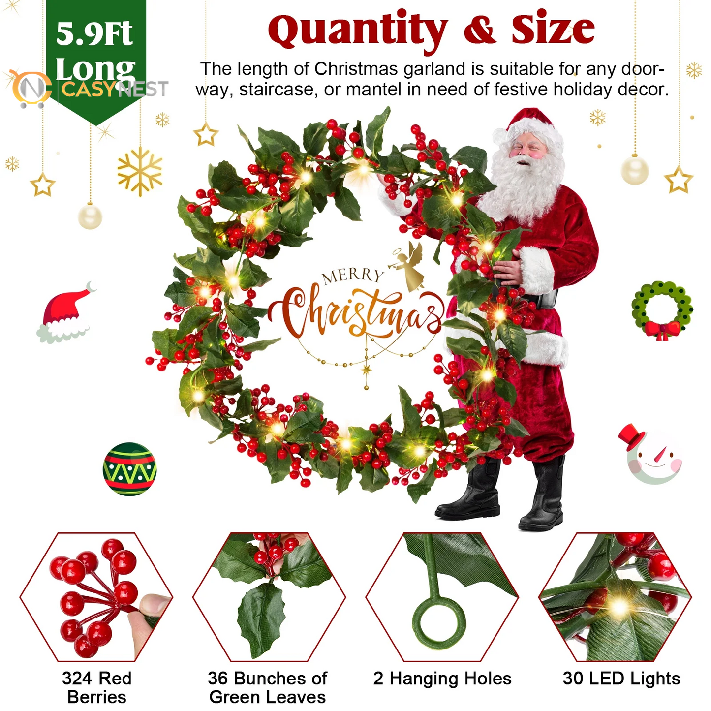 5.9FT Artificial Christmas Garland with Lights – Indoor & Outdoor Xmas Home Table Decor