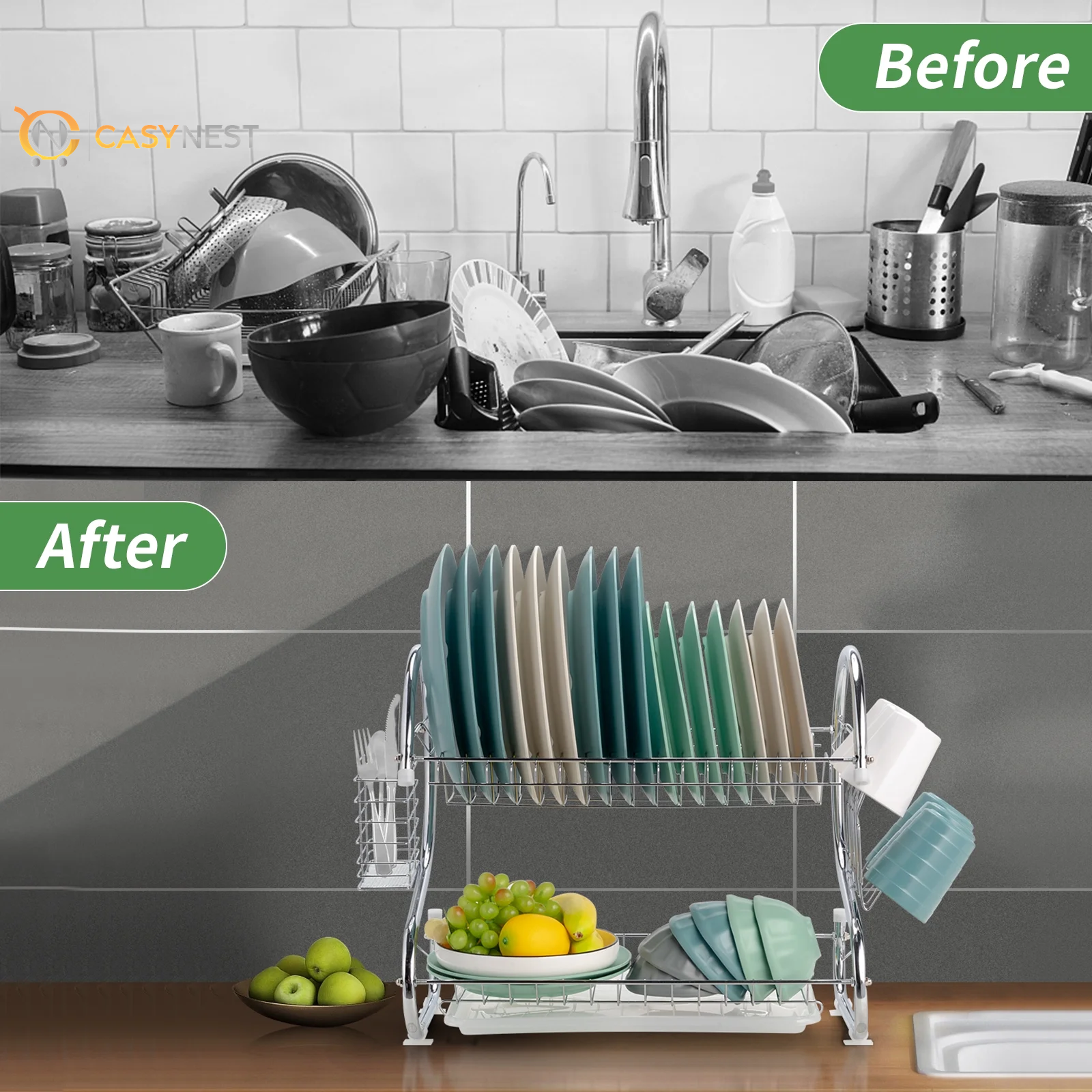 Kitchen Stainless Steel Dish Cup Drying Rack Holder 2-Tier Dish Rack Sink Drainer