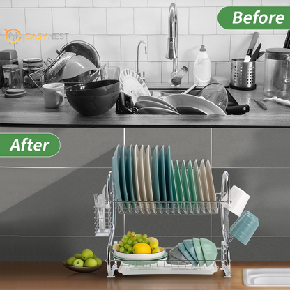 Kitchen Stainless Steel Dish Cup Drying Rack Holder 2-Tier Dish Rack Sink Drainer